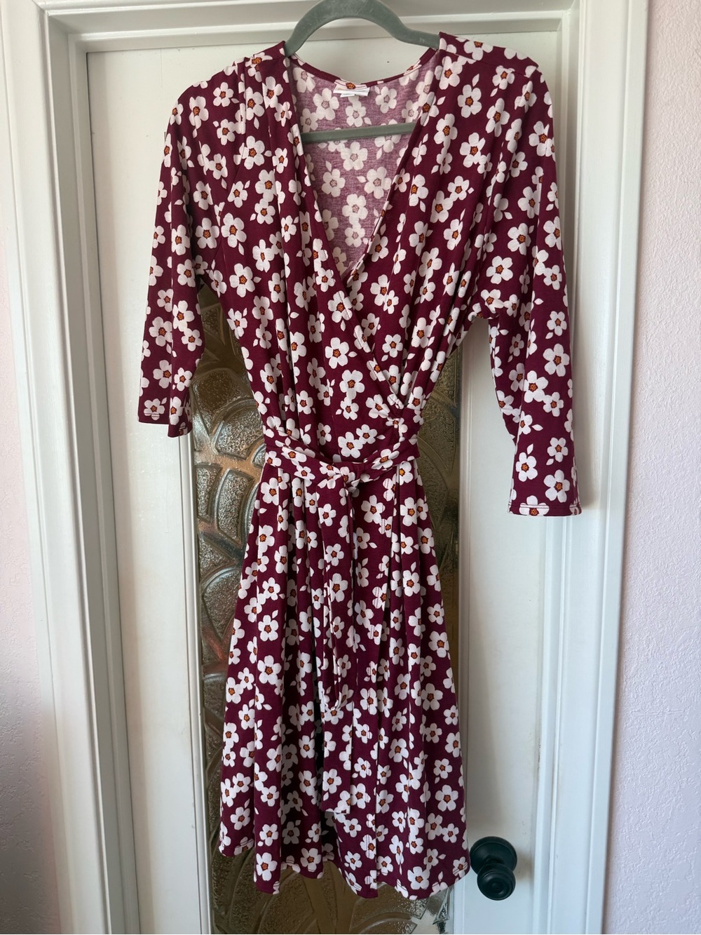 LuLaRoe Maroon Floral Wrap Dress with White Flowers